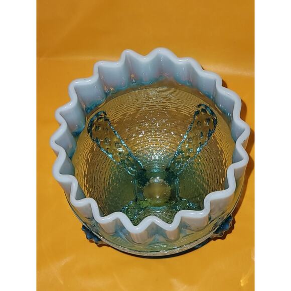 Vintage Northwood Button Panel Blue Opalescent Crimped Top Glass Candy Dish - Picture 4 of 11
